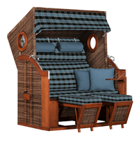 Strandkorb JAN XL TEAK / mit extra breiter Sitzfläche / mit herausnehmbarer Kissenausstattung / Stoff: Karo hellblau-marine