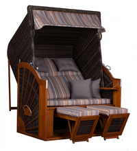 Strandkorb KALLE XL TEAK /  mit extra breiter Sitzfläche / mit herausnehmbarer Kissenausstattung / Stoff: Streifen grau-braun-beige